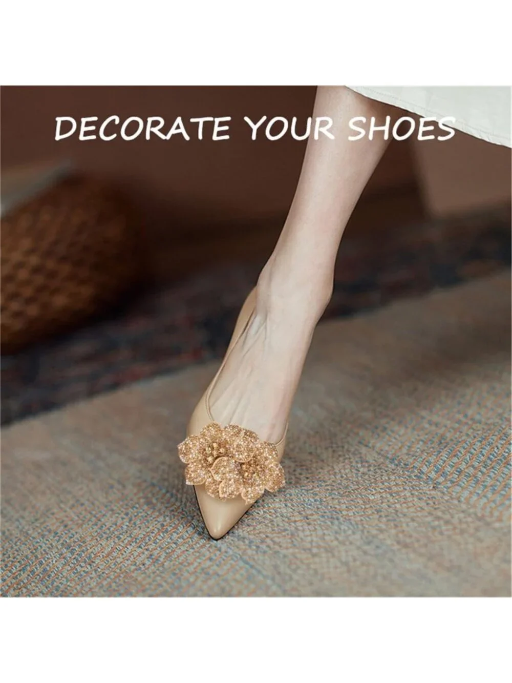 Rhinestone Flower Shoe Clips - Gold Crystal Detachable Buckles for High Heels